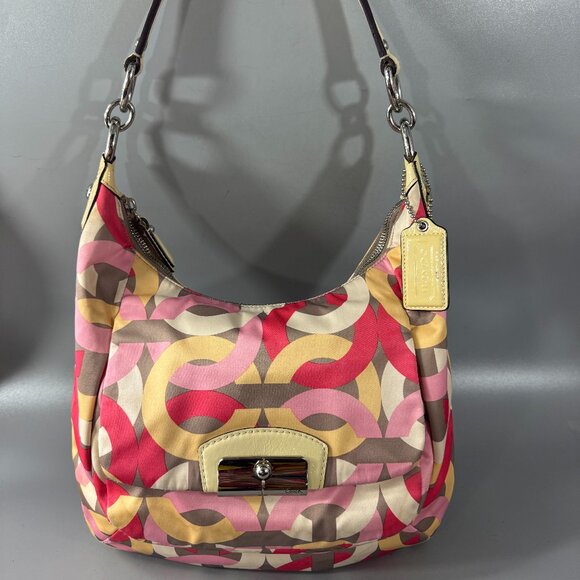 COACH # F22745 Kristin Op Art Yellow Multicolor Satin Hobo Shoulder Bag - Picture 1 of 15